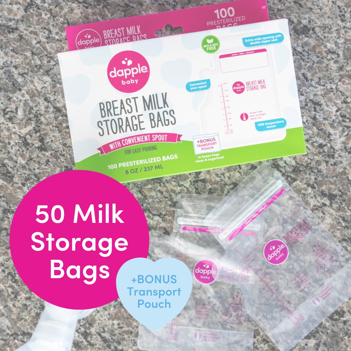 Dapple Baby Breast Milk Storage Easy Pour Bags, 50ct (Case of 8)